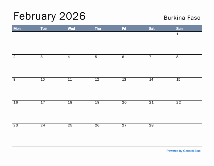 February 2026 Simple Monthly Calendar for Burkina Faso