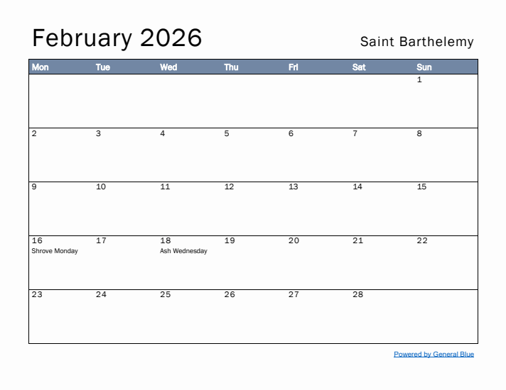 February 2026 Simple Monthly Calendar for Saint Barthelemy