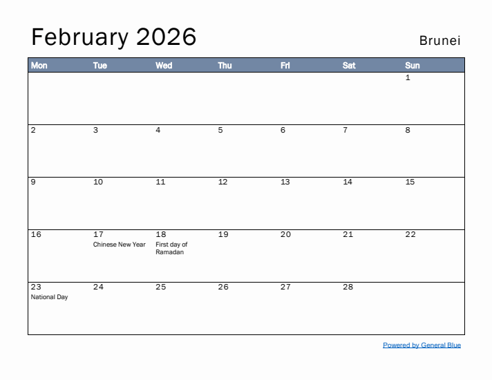 February 2026 Simple Monthly Calendar for Brunei