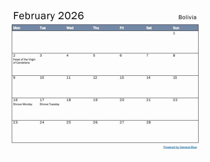 February 2026 Simple Monthly Calendar for Bolivia