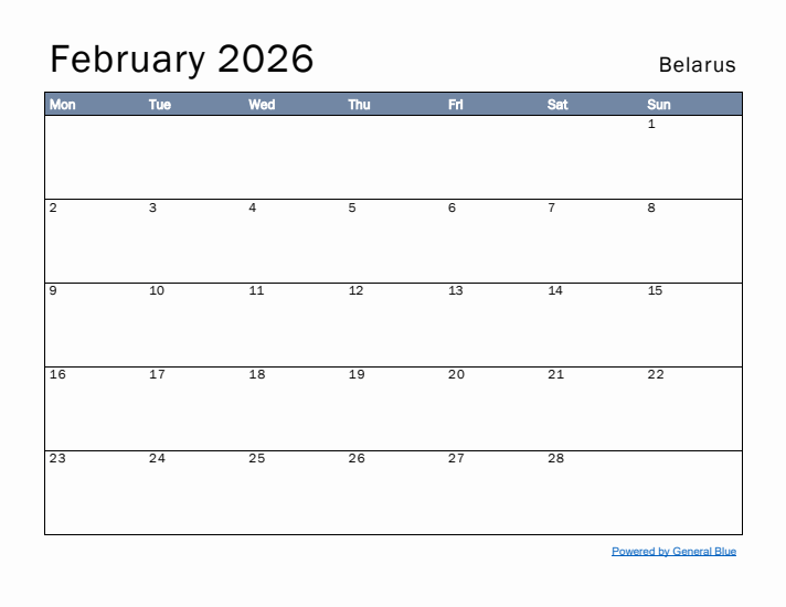 February 2026 Simple Monthly Calendar for Belarus