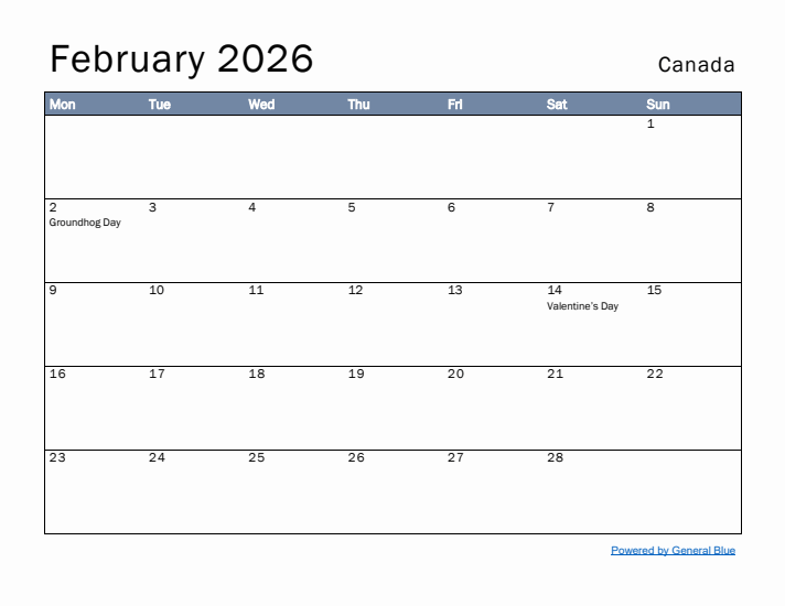 February 2026 Simple Monthly Calendar for Canada