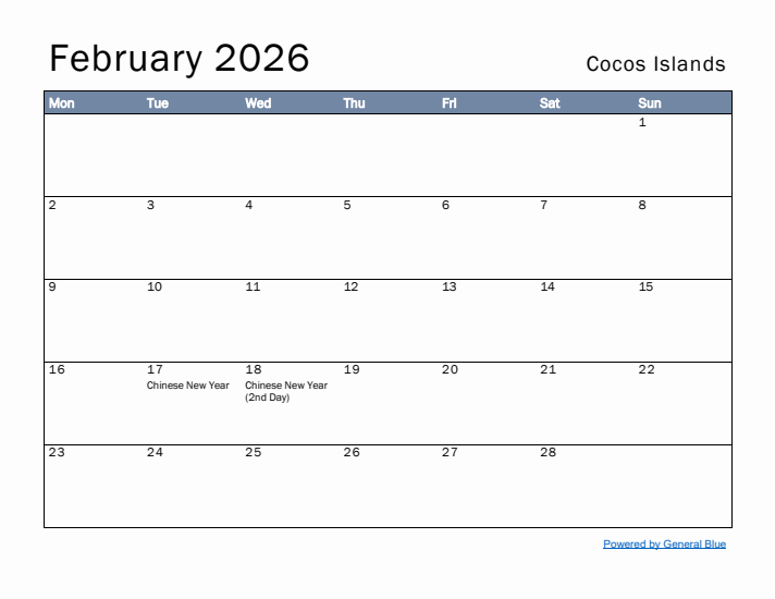 February 2026 Simple Monthly Calendar for Cocos Islands