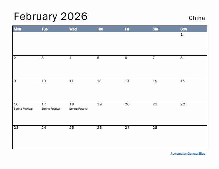 February 2026 Simple Monthly Calendar for China