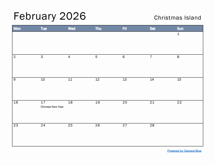 February 2026 Simple Monthly Calendar for Christmas Island