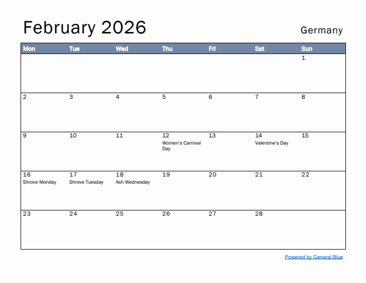 February 2026 Simple Monthly Calendar for Germany