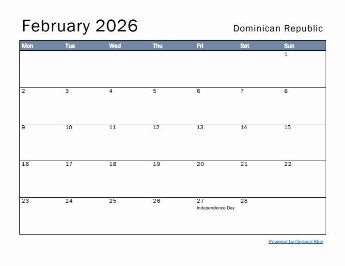 February 2026 Simple Monthly Calendar for Dominican Republic