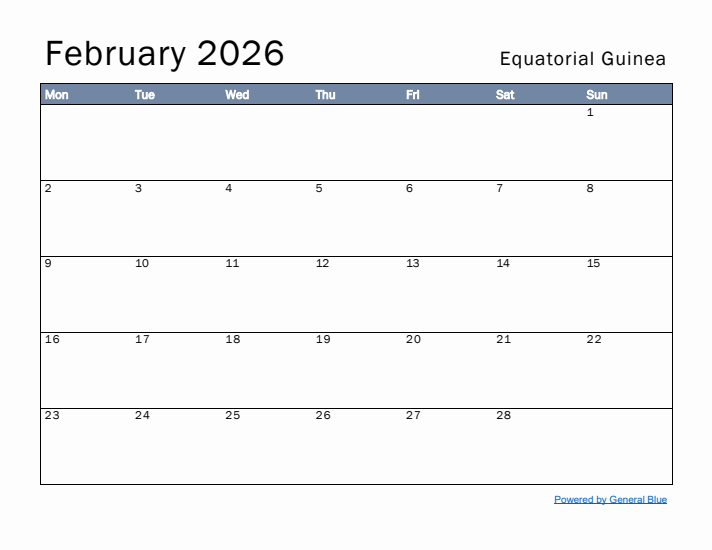 February 2026 Simple Monthly Calendar for Equatorial Guinea