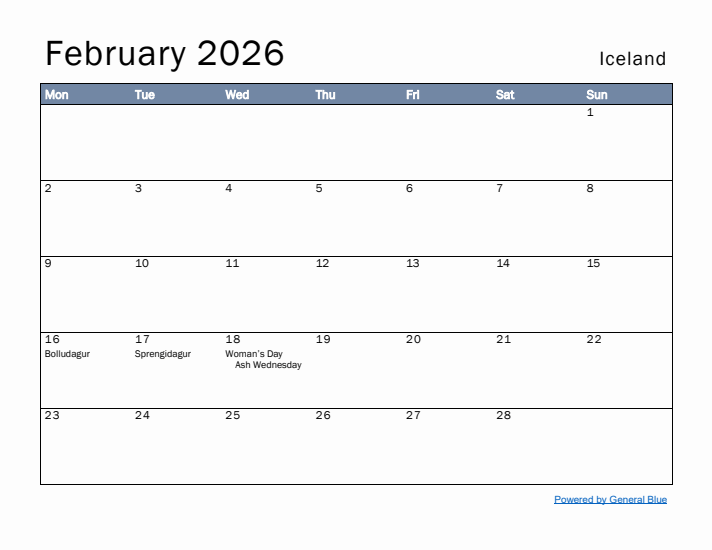 February 2026 Simple Monthly Calendar for Iceland