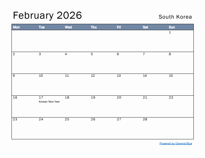 February 2026 Simple Monthly Calendar for South Korea