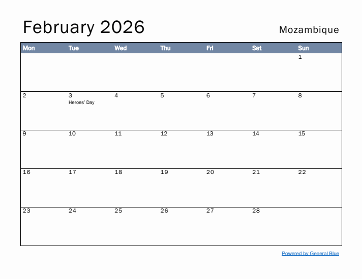 February 2026 Simple Monthly Calendar for Mozambique