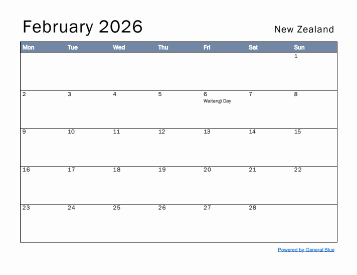 February 2026 Simple Monthly Calendar for New Zealand