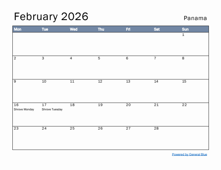 February 2026 Simple Monthly Calendar for Panama