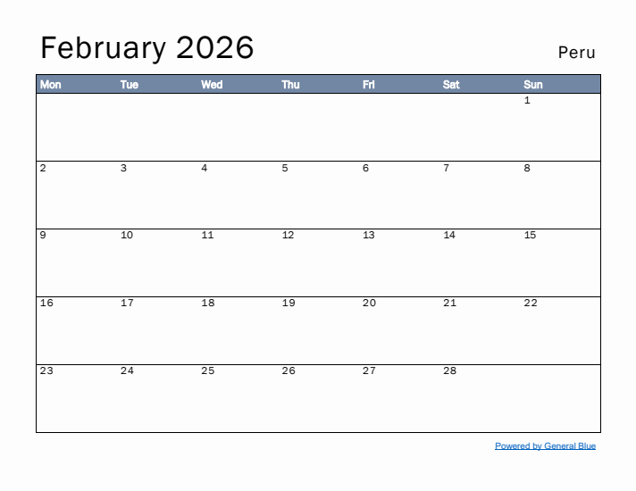 February 2026 Simple Monthly Calendar for Peru