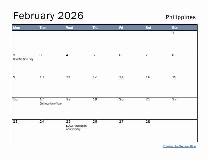 February 2026 Simple Monthly Calendar for Philippines