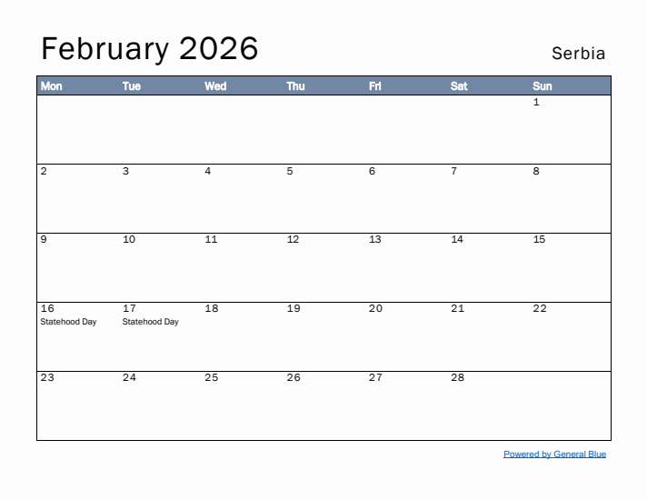 February 2026 Simple Monthly Calendar for Serbia