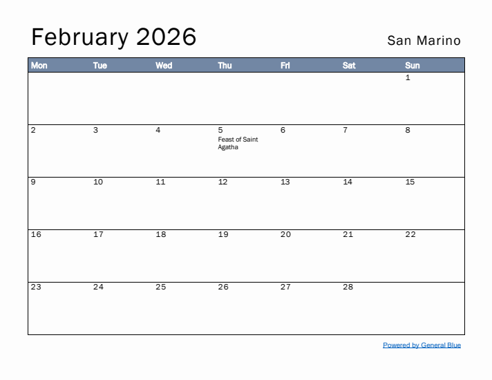 February 2026 Simple Monthly Calendar for San Marino