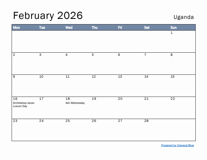 February 2026 Simple Monthly Calendar for Uganda