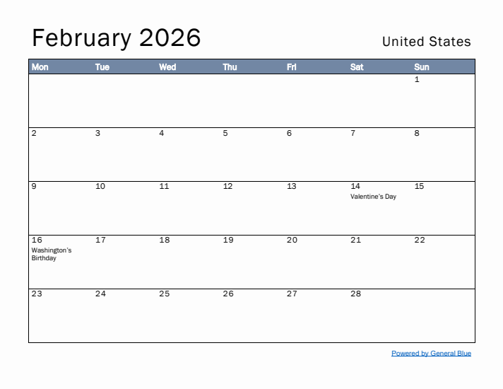 February 2026 Simple Monthly Calendar for United States