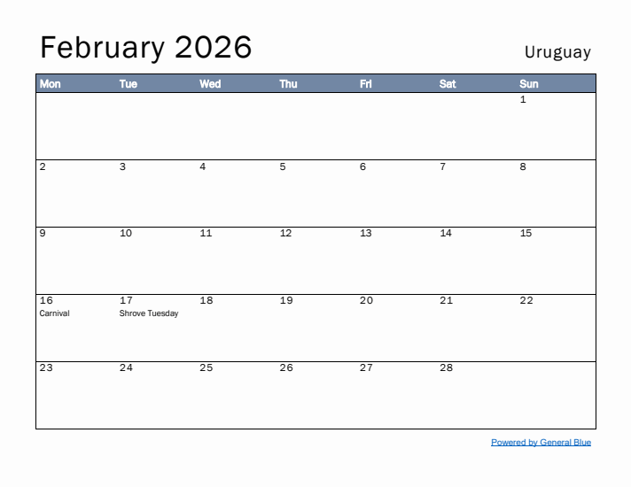 February 2026 Simple Monthly Calendar for Uruguay