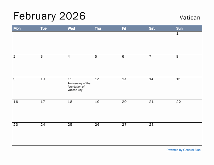 February 2026 Simple Monthly Calendar for Vatican