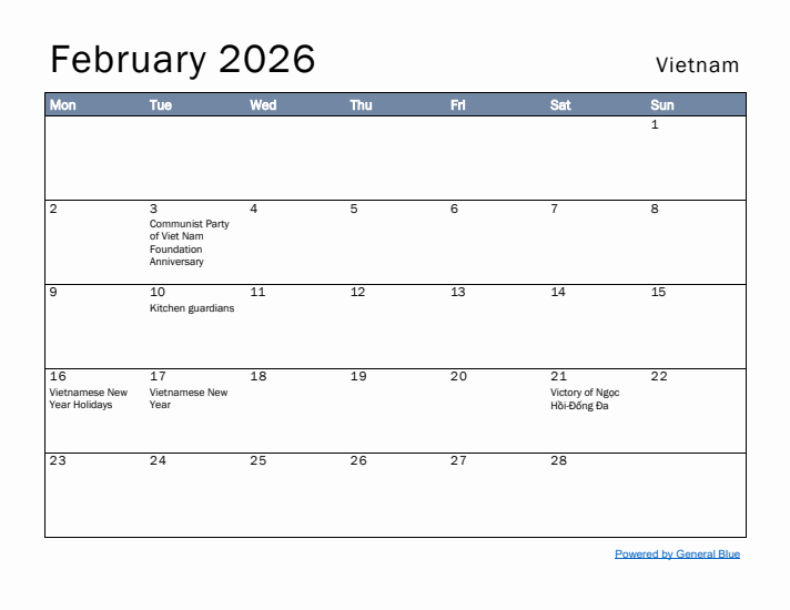 February 2026 Simple Monthly Calendar for Vietnam