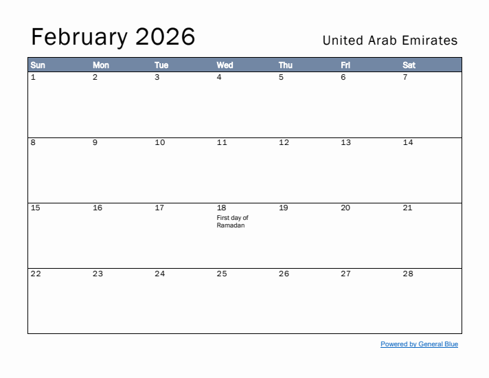 February 2026 Simple Monthly Calendar for United Arab Emirates