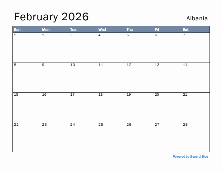 February 2026 Simple Monthly Calendar for Albania