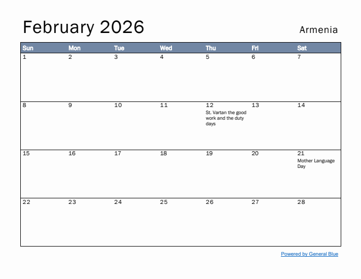 February 2026 Simple Monthly Calendar for Armenia