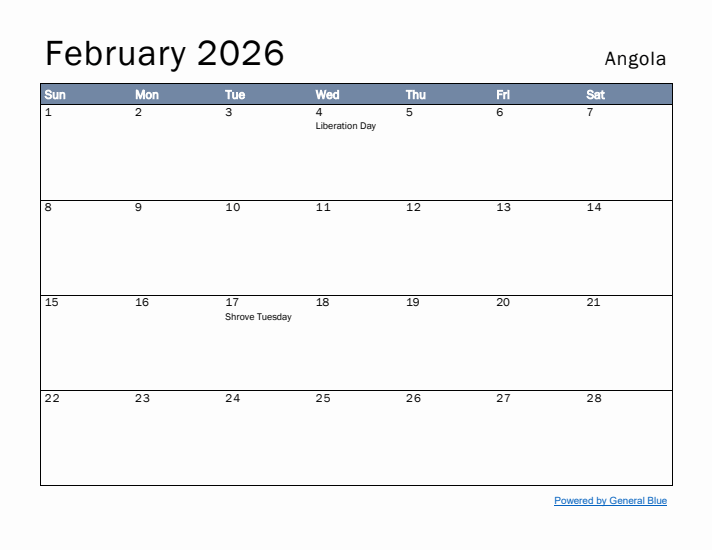 February 2026 Simple Monthly Calendar for Angola