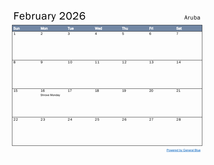 February 2026 Simple Monthly Calendar for Aruba