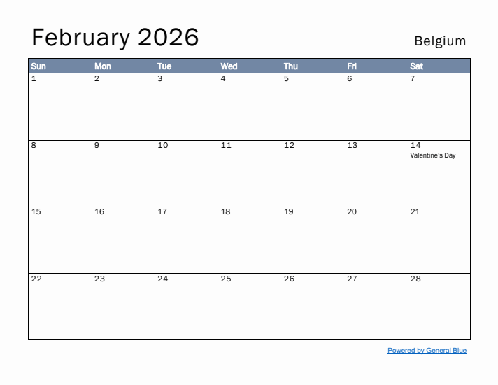 February 2026 Simple Monthly Calendar for Belgium