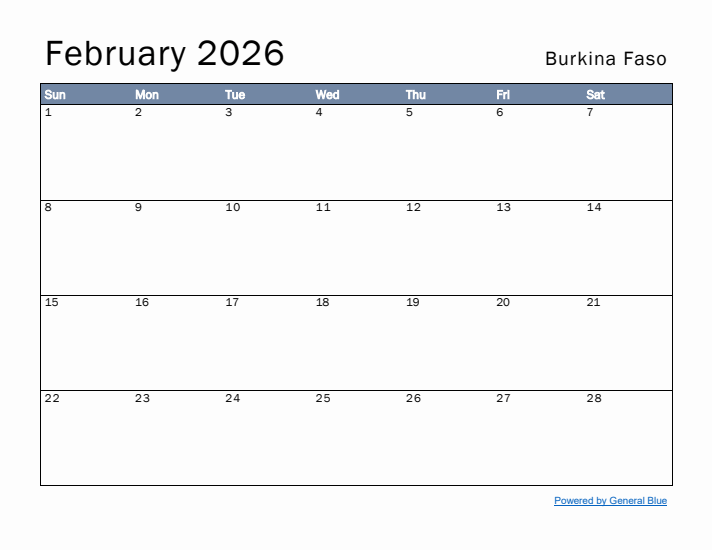 February 2026 Simple Monthly Calendar for Burkina Faso