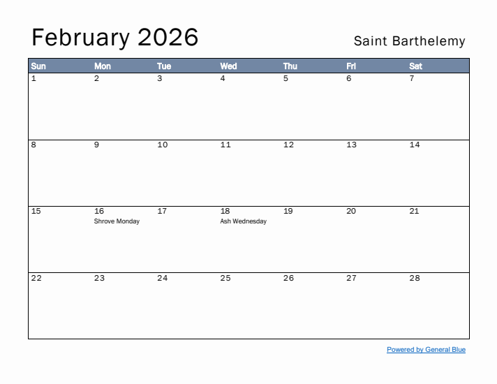 February 2026 Simple Monthly Calendar for Saint Barthelemy