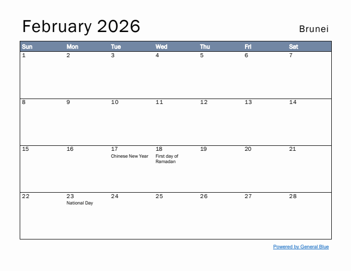 February 2026 Simple Monthly Calendar for Brunei