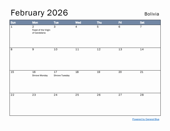 February 2026 Simple Monthly Calendar for Bolivia