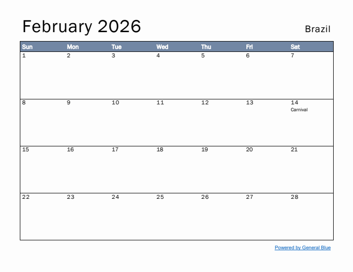 February 2026 Simple Monthly Calendar for Brazil