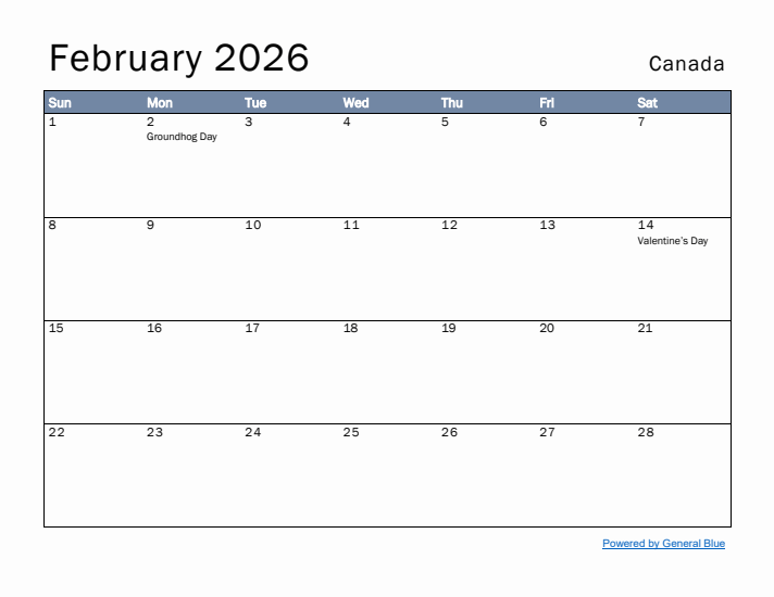 February 2026 Simple Monthly Calendar for Canada