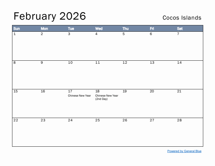 February 2026 Simple Monthly Calendar for Cocos Islands