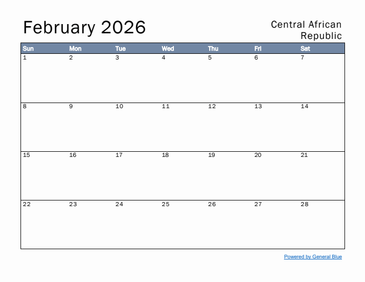 February 2026 Simple Monthly Calendar for Central African Republic