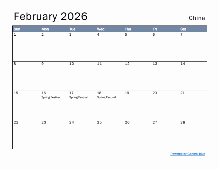 February 2026 Simple Monthly Calendar for China