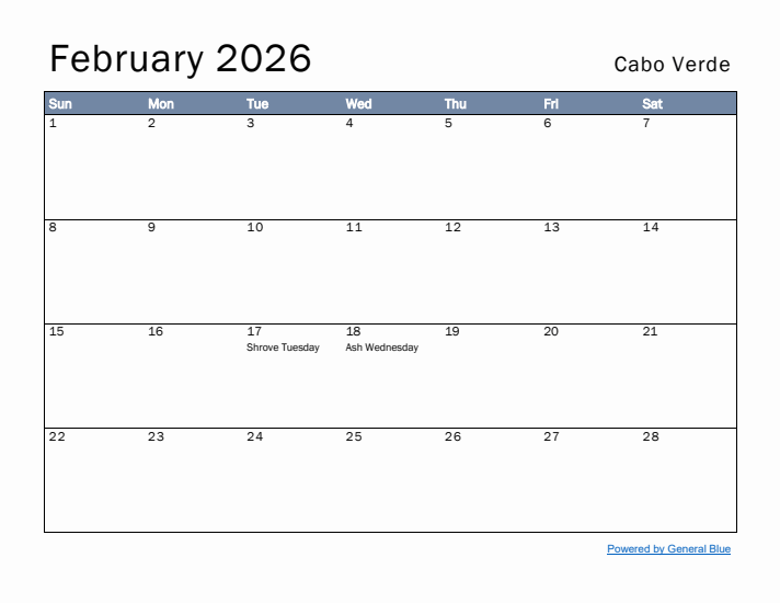 February 2026 Simple Monthly Calendar for Cabo Verde