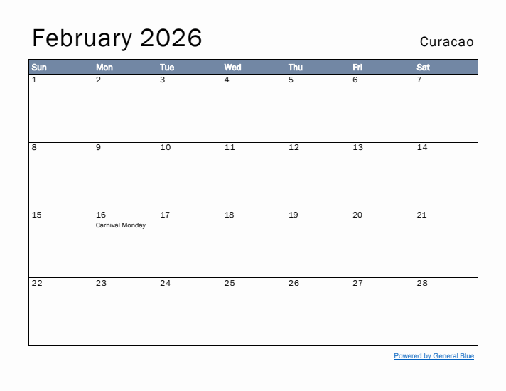 February 2026 Simple Monthly Calendar for Curacao