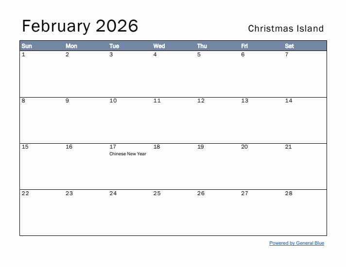 February 2026 Simple Monthly Calendar for Christmas Island