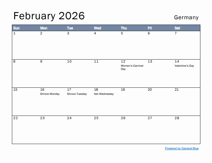 February 2026 Simple Monthly Calendar for Germany