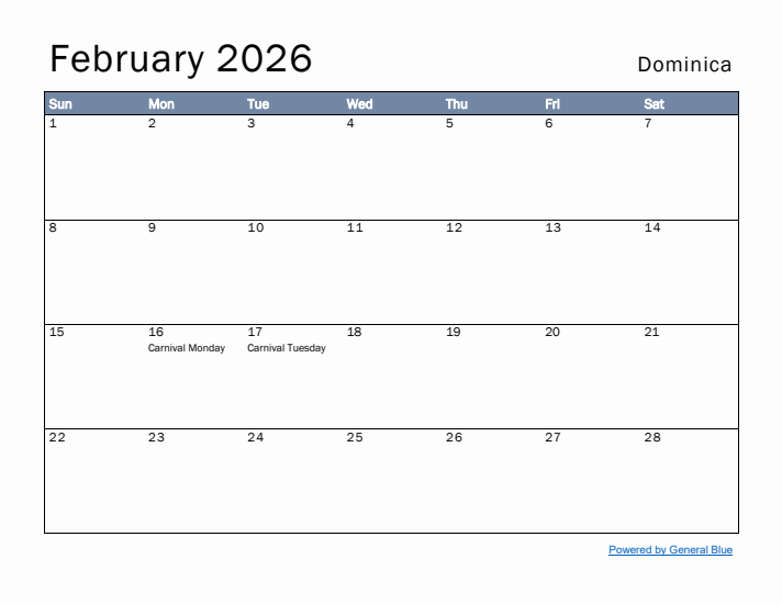 February 2026 Simple Monthly Calendar for Dominica