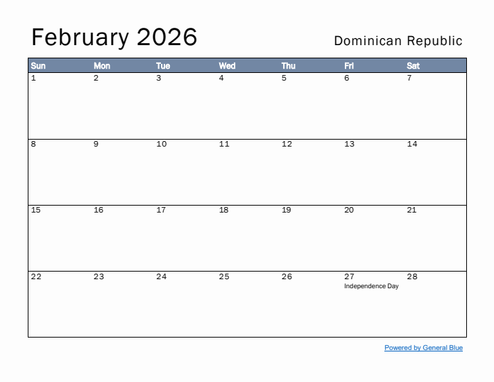 February 2026 Simple Monthly Calendar for Dominican Republic