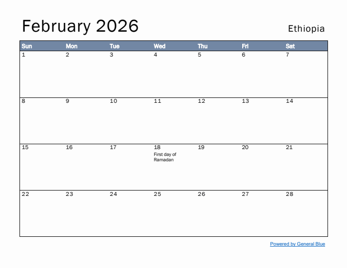 February 2026 Simple Monthly Calendar for Ethiopia