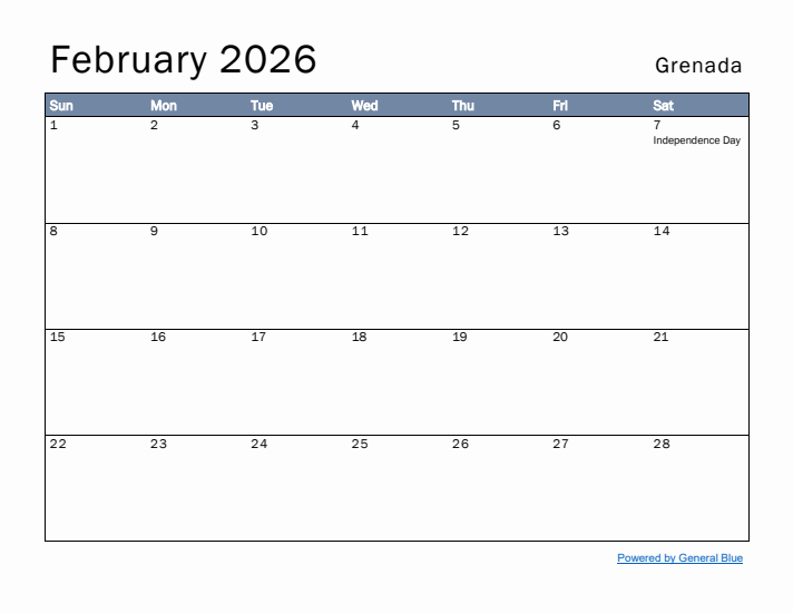 February 2026 Simple Monthly Calendar for Grenada