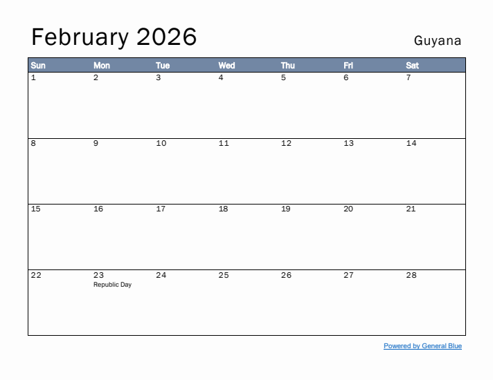 February 2026 Simple Monthly Calendar for Guyana